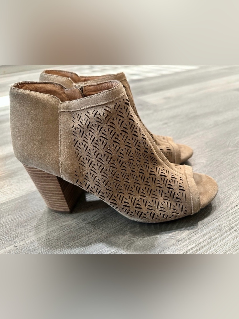 Antonio Melani Jonah Tan Perforated Peep-Toe Ankle Booties with Stacked Heel